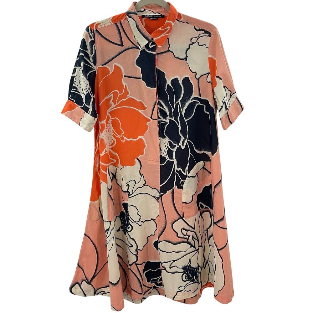 Hannes Roether Floral Shirt Dress Orange Navy Blue M